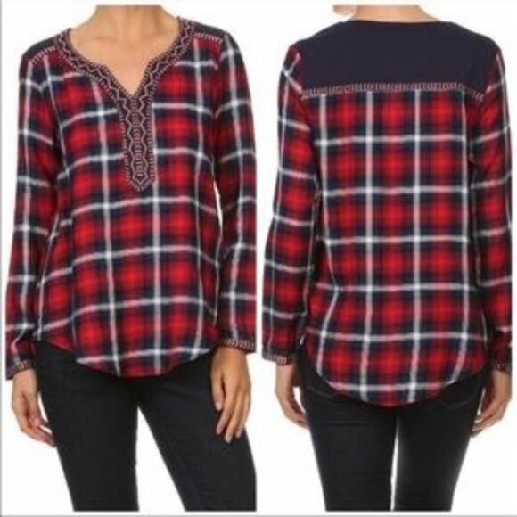 THML Red Blue Plaid Embroidered Western Pop Over Top Size M - Picture 1 of 8